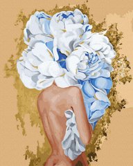 Фото Картина за номерами Дівчина з блакитними півоніями (золоті фарби) (JX1083) (Без коробки) від інтернет-магазину картин-розмальовок Sylarozumu.com.ua