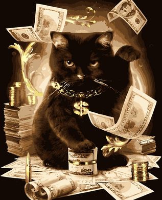 Фото Розмальовки за номерами Кіт з грошима (з золотою фарбою) (ART-B-5585) Artissimo від інтернет-магазину картин-розмальовок Sylarozumu.com.ua