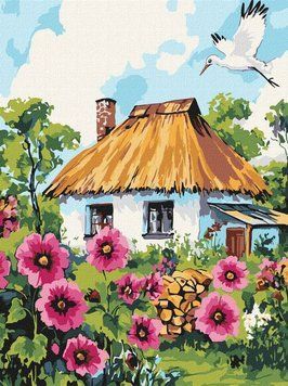 Фото KHO6407 Картина за номерами Мальви біля хати &copy;art_selena_ua 30 х 40 см (Без коробки) Ідейка від інтернет-магазину картин-розмальовок Sylarozumu.com.ua