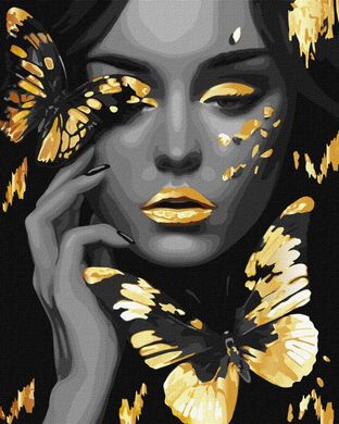 Фото Картина по номерам Девушка с золотой бабочкой с красками металлик extra ©art_selena_ua (KH8307) Идейка от интернет-магазина картин-раскрасок Sylarozumu.com.ua