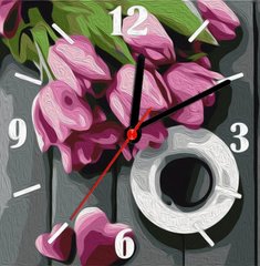 Фото Картина по номерам часы Кофе и тюльпаны (ASG014) ArtStory (Без коробки) от интернет-магазина картин-раскрасок Sylarozumu.com.ua