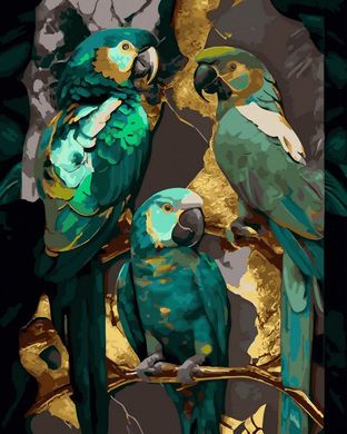 Фото Раскраска по цифрам Зеленые попугаи (золотые краски) (JX1103) (Без коробки) от интернет-магазина картин-раскрасок Sylarozumu.com.ua