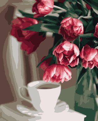 Фото Картина за номерами Кава та тюльпани (PN1986) Artissimo (Без коробки) від інтернет-магазину картин-розмальовок Sylarozumu.com.ua