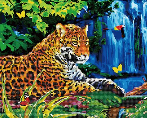 Фото Алмазна картина Леопард біля водоспаду (BGZS1042) від інтернет-магазину картин-розмальовок Sylarozumu.com.ua