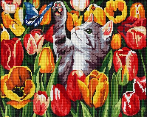 Фото Алмазна картина Котик в тюльпанах BrushMe (GF5457) від інтернет-магазину рукоділля Sylarozumu.com.ua