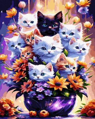 Фото Картина за номерами Кошенята у квітах (NIK-N786) від інтернет-магазину картин-розмальовок Sylarozumu.com.ua