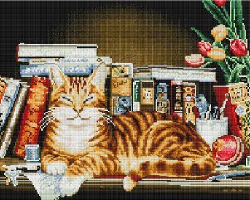 Фото Картина стразами Кот на книжной полке BrushMe (GF5459, На подрамнике) от интернет-магазина рукоделия Sylarozumu.com.ua