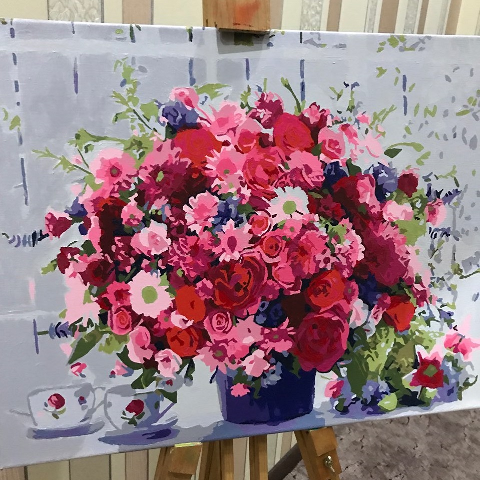 картина за номерами Mariposa рожеві хризантеми - фото намальованої роботи