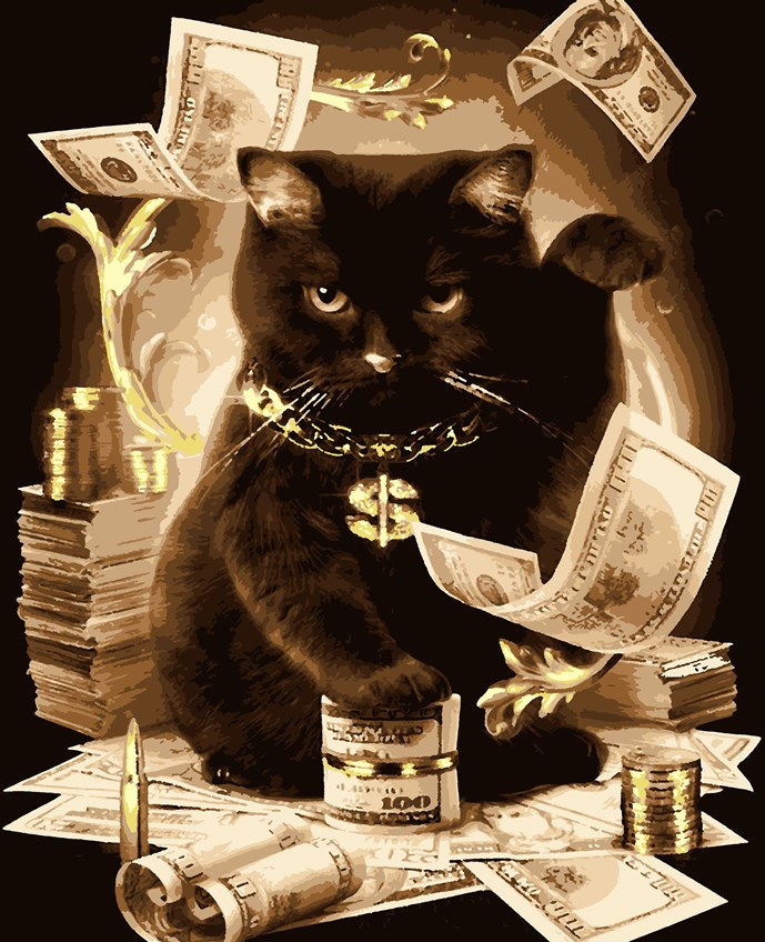 картина по номерам с золотой краской - кот с деньгами 